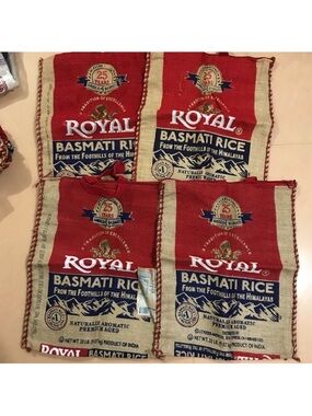 7 Vintage Style BURLAP TOTE Royal Basmati Rice Burlap Sacks - Red & Natural